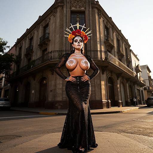 Photograph of a woman in a Day of the Dead costume with orange flower crown, black lace dress, exposed breasts, intricate tattoos, standing in front