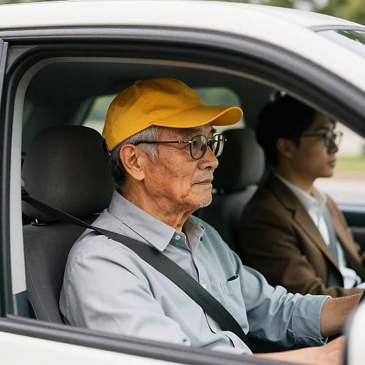 Elderly Driver with Young Passenger in Car