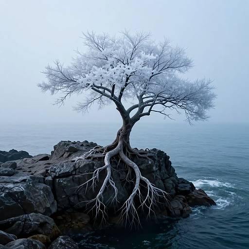 Photograph of a solitary, leafless tree with twisted roots, standing on a rocky cliff by a misty, blue ocean.