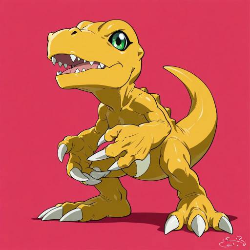 Illustration of Agumon, digimon in the style of Suna (sandworks)
