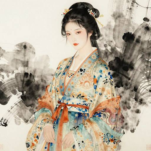 Digital illustration of a beautiful East Asian woman in a colorful floral kimono, with black ink splatters in the background.
