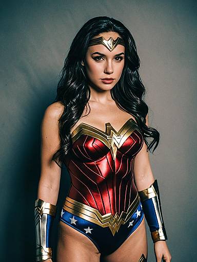 Photograph of a woman with long black hair, wearing Wonder Woman's red and gold corset, blue star-spangled shorts, and gold bracelets,