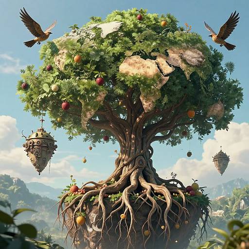 Sky-Rooted World Tree with Steampunk Birds