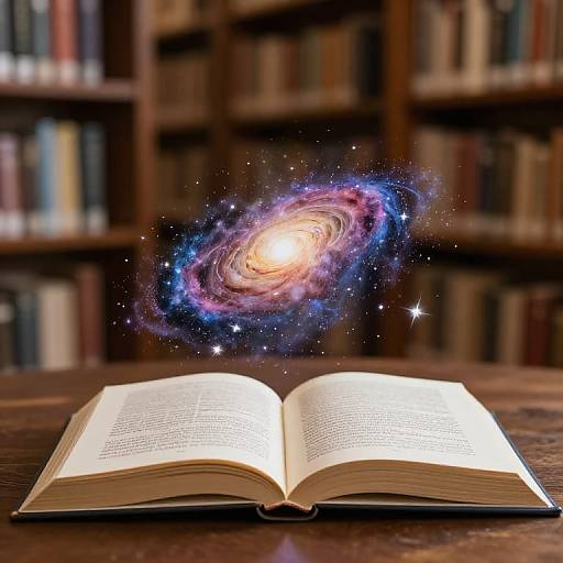 Photograph of an open book on a wooden table with a glowing, colorful spiral galaxy above it, set against a blurred library background.