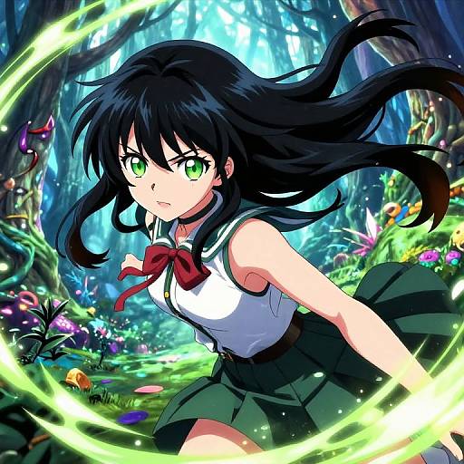 Anime-style digital illustration of a black-haired girl with green eyes, wearing a white sleeveless top and green skirt, surrounded by glowing green energy in a