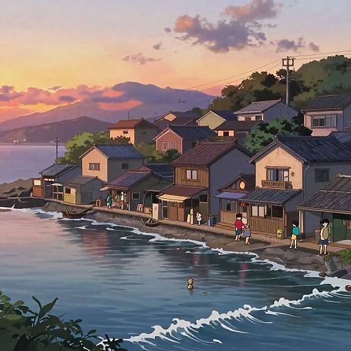 Digital anime-style artwork of a coastal village at sunset, with colorful houses, people, waves, and a mountainous backdrop.