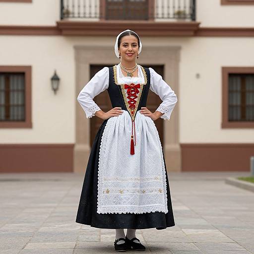 Photograph of a smiling woman in traditional European folk dress with a black and white apron, white blouse, red corset, and black shoes,