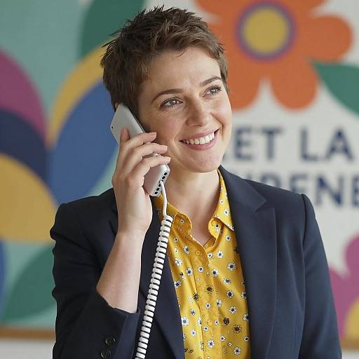 Cheerful Woman on a Vintage Phone