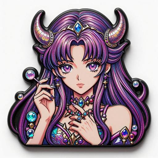 Digital anime-style drawing of a purple-haired demon girl with horns, wearing a jewel-encrusted crown, necklace, and earrings, gazing forward