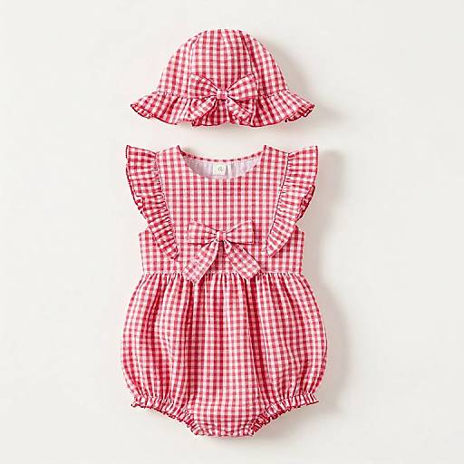 Photograph of a red and white checkered sleeveless dress and matching wide-brimmed hat, both with ruffled trim and bow details, arranged
