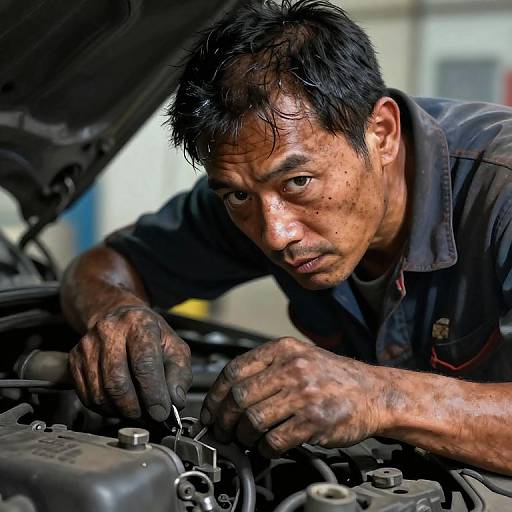 Photograph of a dirty, concentrated Asian mechanic with short black hair, wearing a dark shirt, working under a car's open hood, gripping a wrench