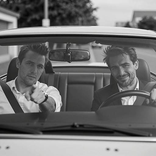 Three Men in Convertible: B&W Snapshot