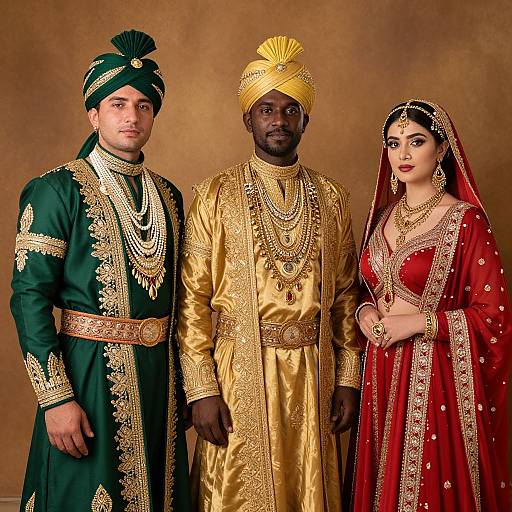 Photograph of a South Asian couple and bride in traditional attire, with the groom in green and gold, and the bride in red with gold embroidery,