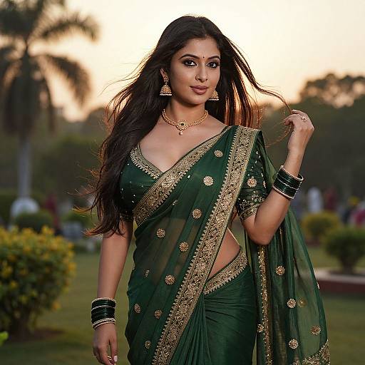 Photograph of an Indian woman with long dark hair, wearing a green and gold embroidered saree, gold jewelry, and black bangles, standing in