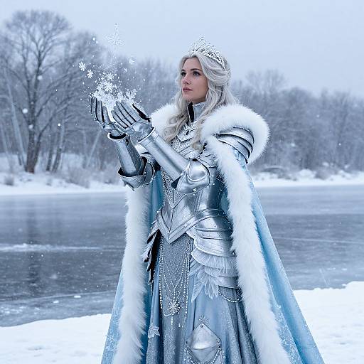 Photograph of a blonde, fair-skinned woman in silver medieval-style armor with a white fur-trimmed cape, holding snowflakes in her