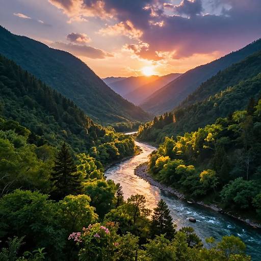 Photograph of a vibrant sunset over a winding river in a lush, green valley with dense forests and mountainous terrain.
