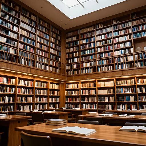 Photograph of a grand, warmly-lit library with wooden shelves filled with colorful books, and several wooden desks with open books and papers.