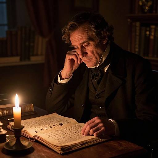 Photograph of a middle-aged man with wavy brown hair, in a black suit, illuminated by a candle, intently reading an open book in