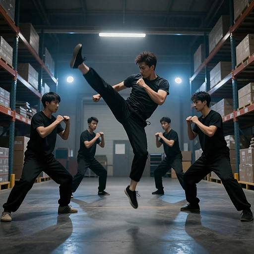 Mid-Air Kick in Dim Warehouse