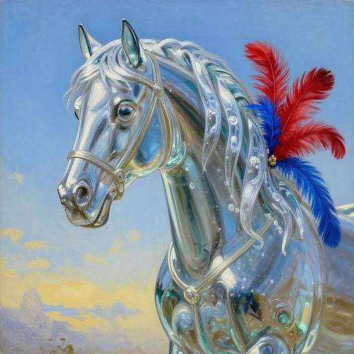 Digital painting of a reflective, silver horse with a white mane, adorned with red and blue feathers, set against a vibrant blue sky.