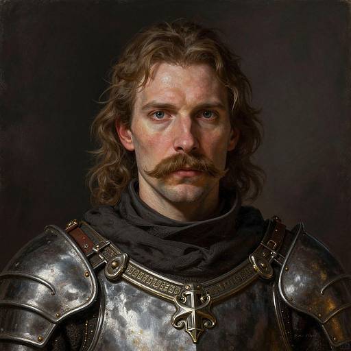 Digital painting of a serious, mustached man with wavy brown hair, wearing shiny, detailed medieval armor and a black scarf, against a dark background