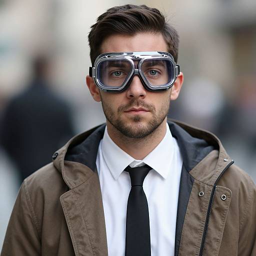 Photograph of a bearded man with dark hair, wearing large black goggles, a brown jacket, white shirt, and black tie, standing outdoors with