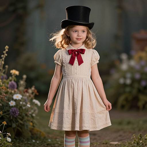 Photograph of a young girl with blonde hair, wearing a cream dress, red bow, black top hat, and striped socks, standing in a vibrant