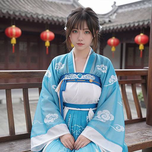 Young Asian woman in blue floral kimono with white and blue accents, sitting on wooden bench, traditional Chinese building background, red lanterns hanging. Photograph