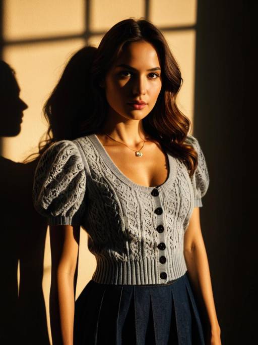 Woman in Light Grey Knitted Vest and Dark Denim Skirt