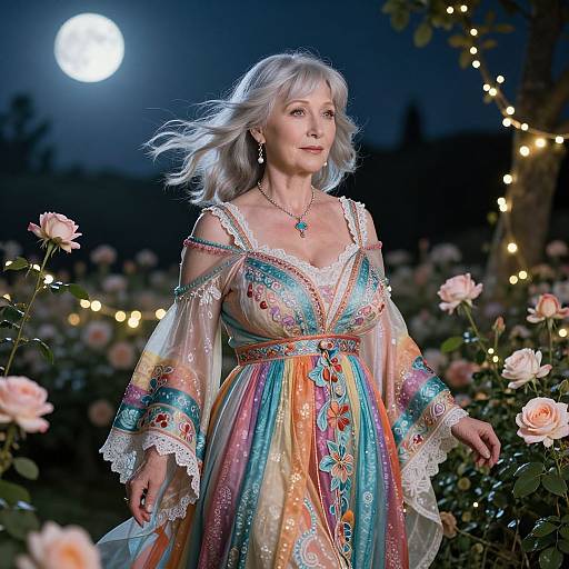 Elder woman with silver hair in colorful, embroidered, sheer dress stands in moonlit rose garden, surrounded by glowing fairy lights. Photographic image.