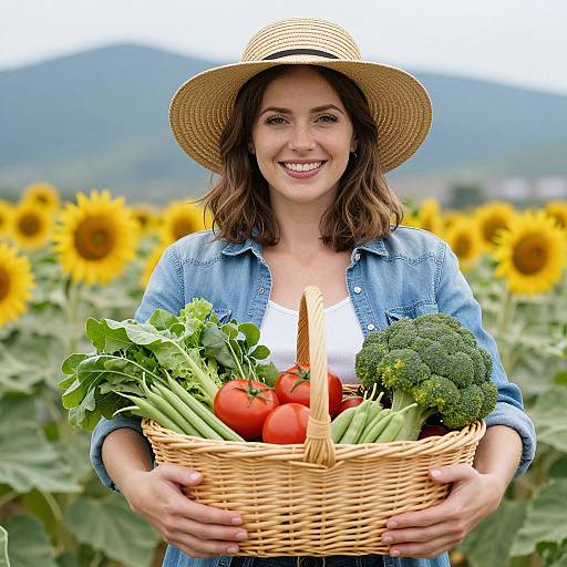 Photograph of a smiling woman in a straw hat, denim shirt, holding a basket of fresh vegetables and sunflowers in a field.