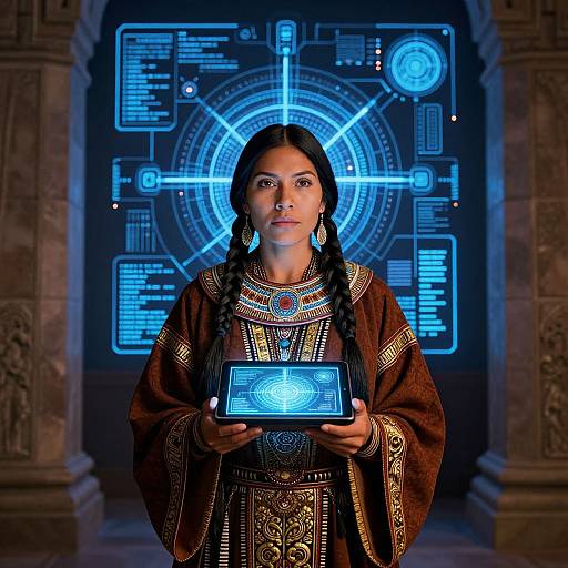 Photorealistic CGI of a young woman with dark braided hair, wearing an ornate brown robe, holding a glowing blue holographic screen, standing