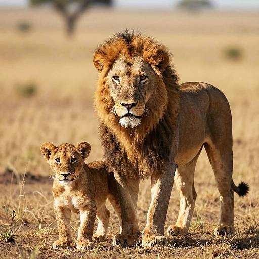 Majestic Male Lion with Cub in Savanna