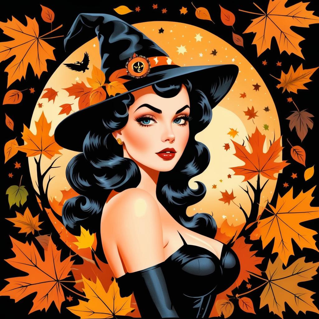 Vintage Pin-Up Witch in Autumn Colors