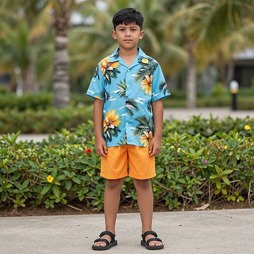 Photograph of a young boy with dark hair, wearing a blue floral shirt, orange shorts, and black sandals, standing in a tropical garden with palm