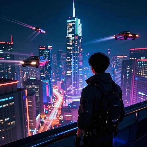 Cyberpunk cityscape at night: silhouetted man in a raincoat gazes at brightly lit skyscrapers, neon lights, and