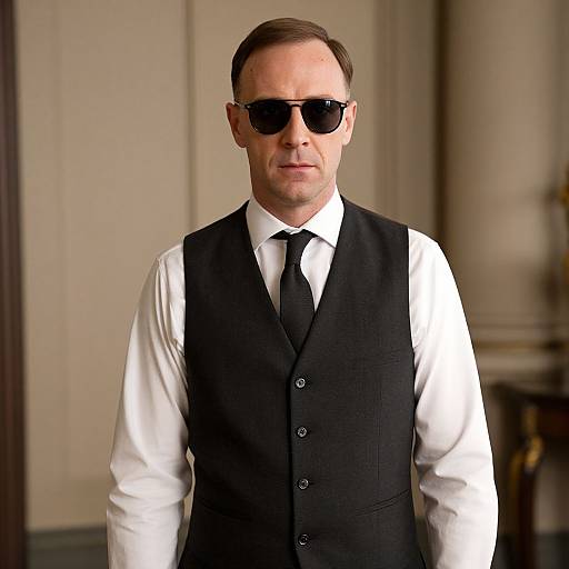 Photograph of a serious, middle-aged man with short brown hair, wearing black sunglasses, a black vest over a white shirt, and a black tie