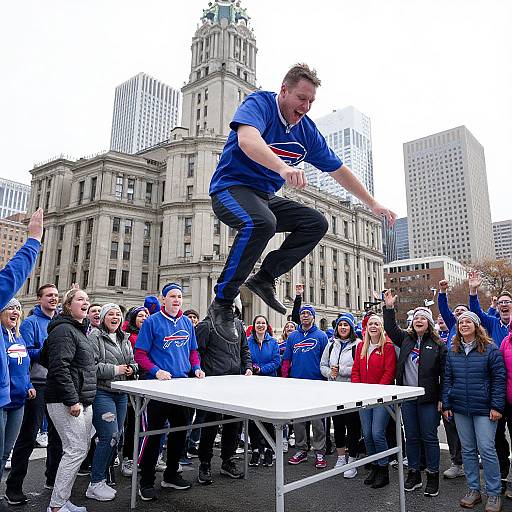 Photograph of a man in a blue shirt and black pants mid-jump on a table in an urban plaza, surrounded by cheering spectators and historic buildings
