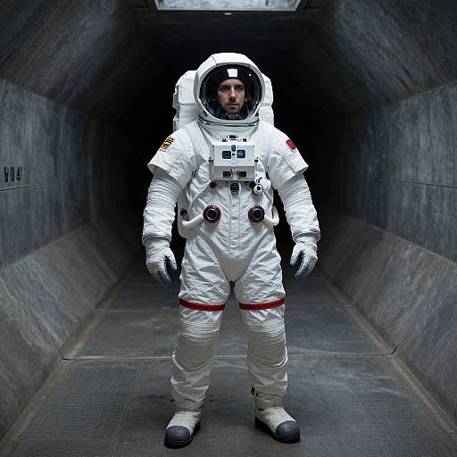 Photorealistic image of a serious man in a white astronaut suit standing in a dimly lit, concrete tunnel.