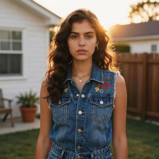 Photograph of a young woman with wavy brown hair, wearing a sleeveless denim vest with colorful embroidery, standing in a sunlit backyard.