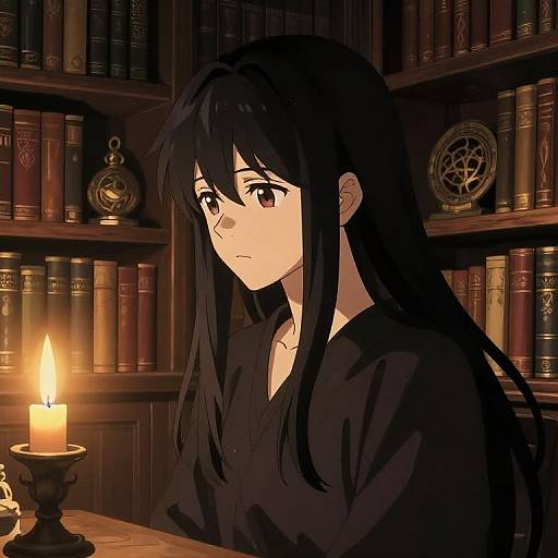Anime-style digital illustration of a sad, long-haired girl with black hair, wearing a black shirt, sitting in a dimly lit library with booksh