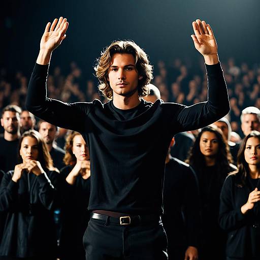 Man in Black Attire Raising Hands in Crowd