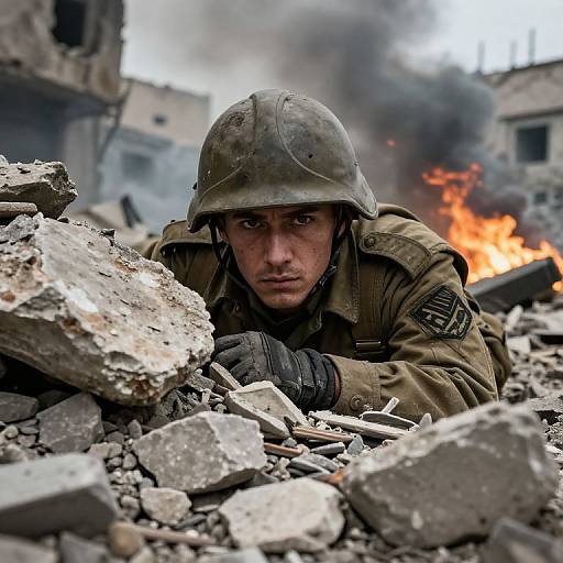 Photograph of a determined soldier in a dirty helmet and brown uniform, crouching amid rubble with a burning building in the background.