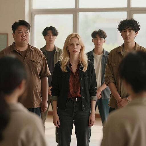 Dynamic Group Discussion in Sunlit Room