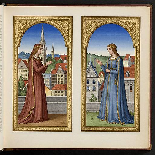 Medieval-style illustration of two women in long dresses, one in red, one in blue, praying in arched frames, with a town and church