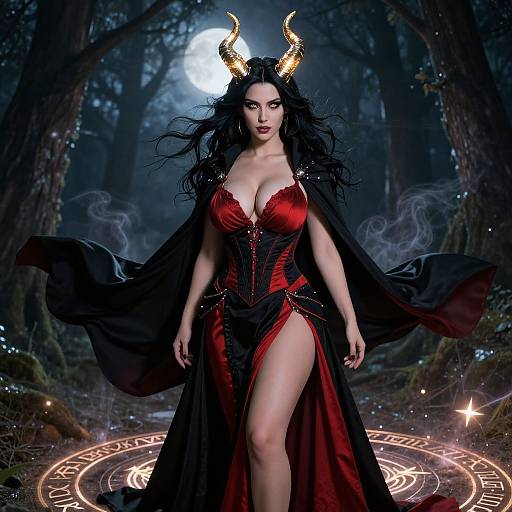Digital artwork of a sexy, dark-haired woman with golden horns, wearing a revealing red and black corset dress, standing in a mystical forest with a