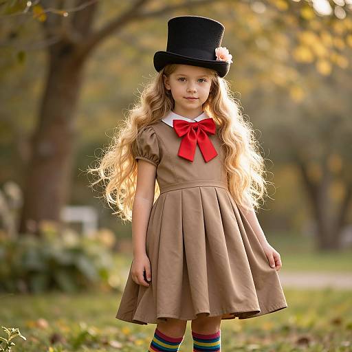 Photograph of a young girl with long, wavy blonde hair, wearing a tan dress, red bow, black top hat, and multicolored