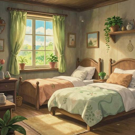 Cozy, sunlit bedroom with wooden furniture, green curtains, potted plants, floral bedding, and a window view of a bright blue sky.