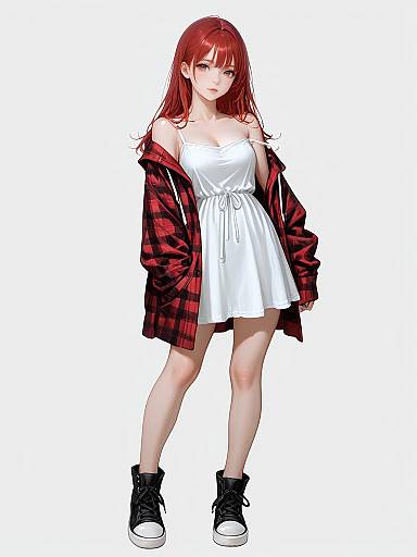 Anime-style digital illustration of a red-haired girl in a white dress, black high-top sneakers, and red plaid jacket, standing against a white background