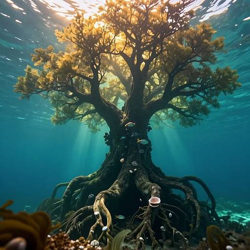 Photograph of an underwater scene featuring a large, twisted tree with orange leaves, surrounded by bubbles and marine life in a sunlit, blue ocean.